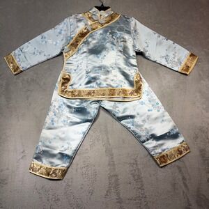 Vintage Double Peach Kids Size 4 Blue Satin Floral Tang Suit Cheongsam Set 90s‎